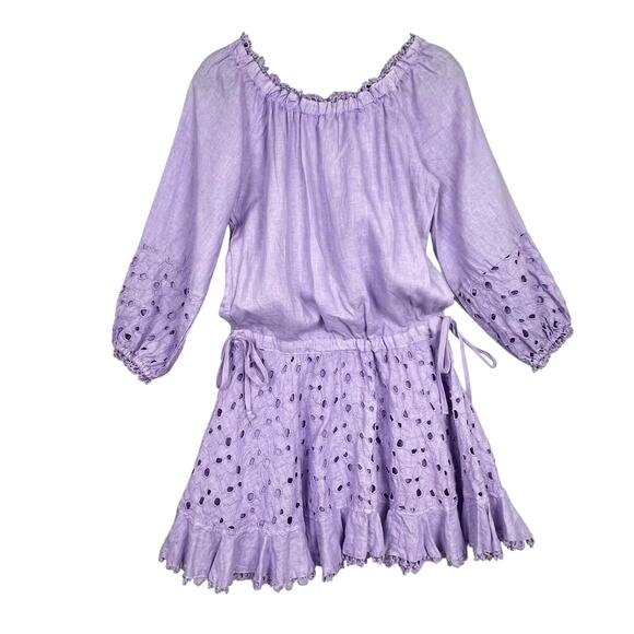 Guess LINEN Purple Ruffled Smocked Tie Waist Eyelet Women's Mini Dress Small - Picture 1 of 14